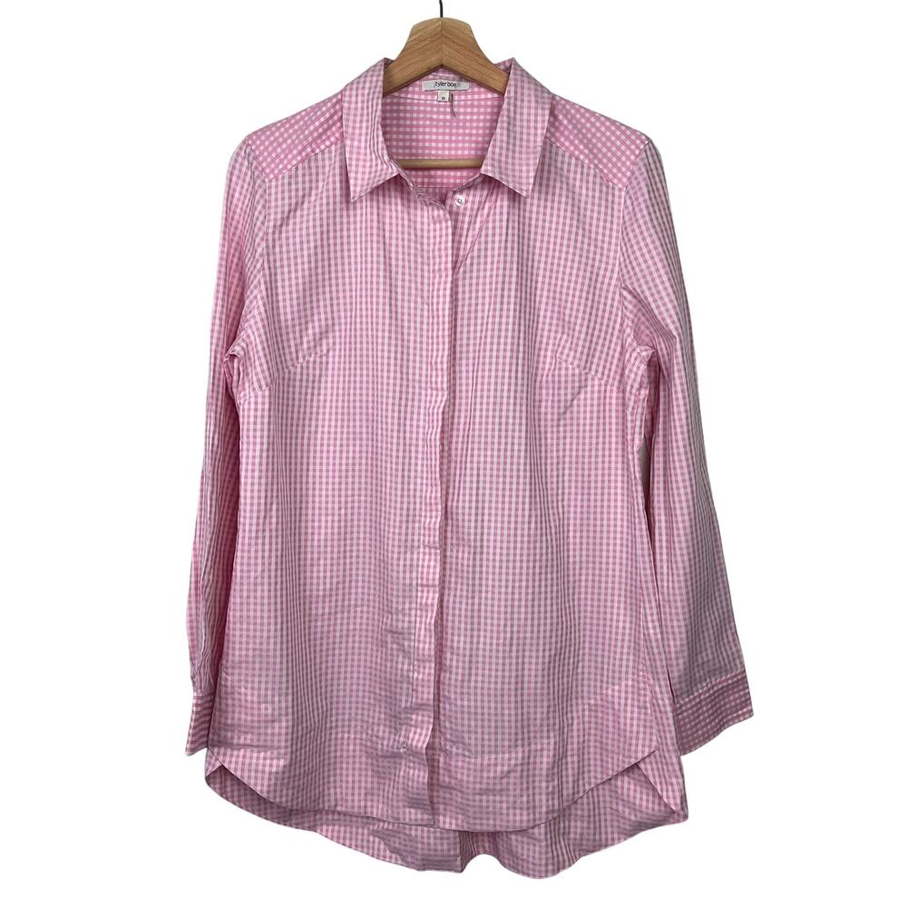 Tyler Boe Women's 10 Pink White Gingham Button Up Long Sleeve Tunic Length Top